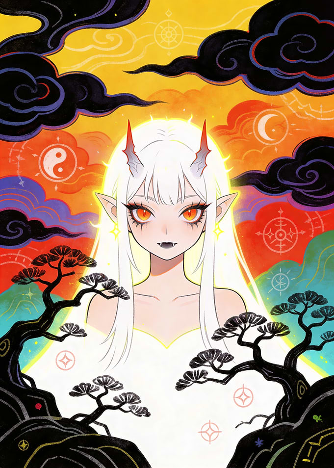 Anime Demon Girl with Horns and Glowing Eyes