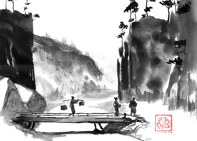 Ink painting of people crossing a bridge