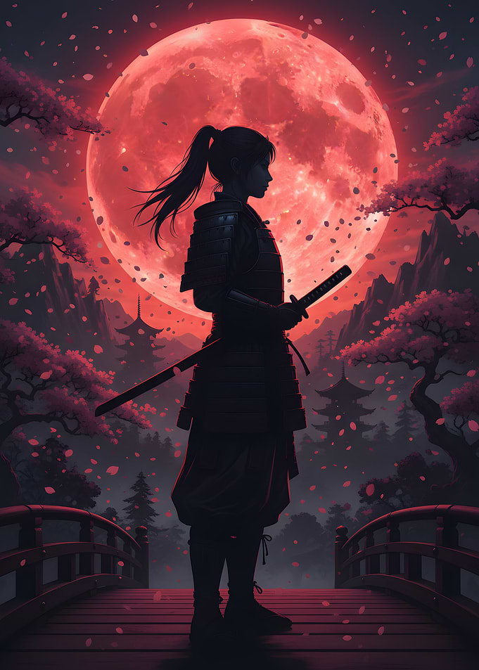 Samurai Warrior Under Red Moon