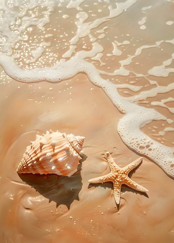 Seashell and Starfish on Wet Sand