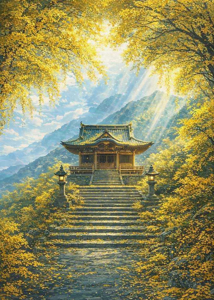 Golden Autumn Temple in Mountains
