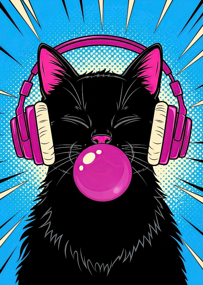 Black Cat with Headphones and Bubblegum