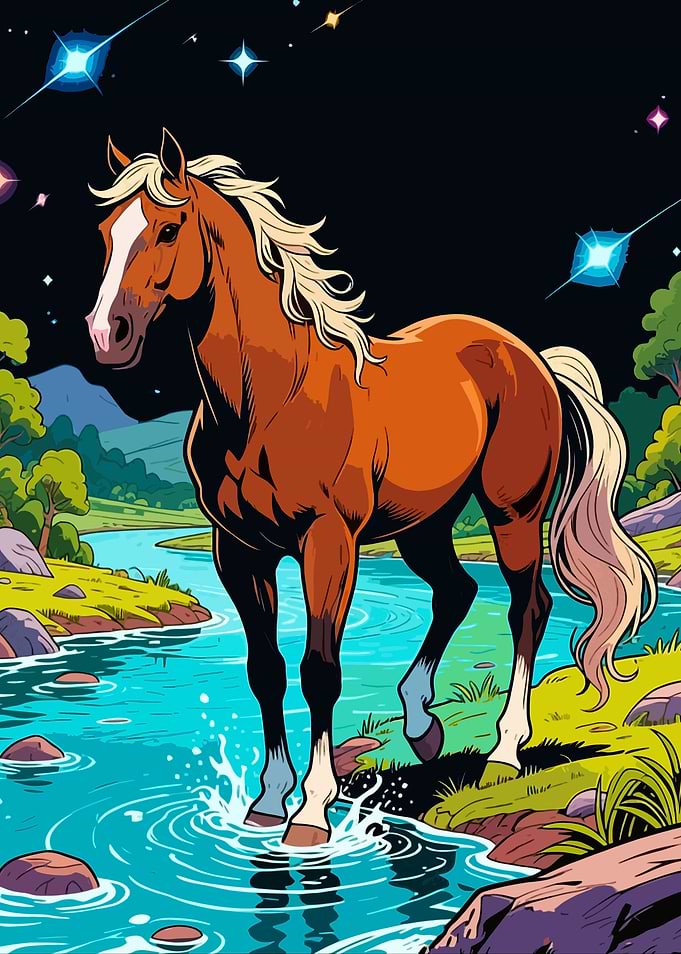 Horse in a starry river landscape