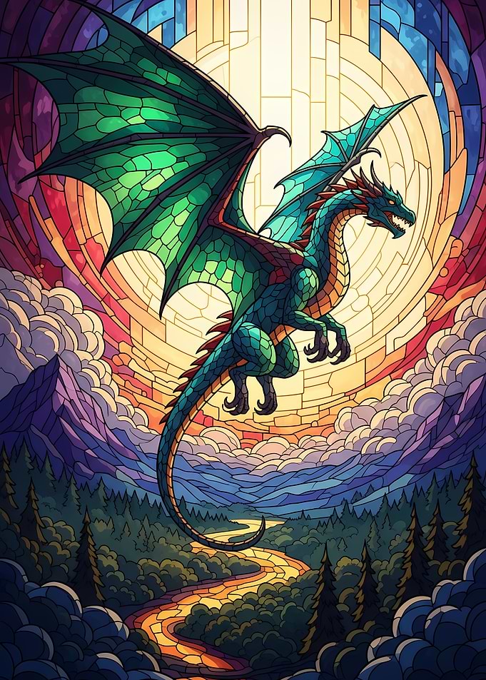 Dragon in Stained Glass Landscape