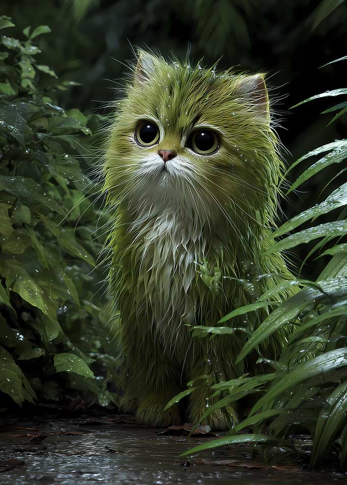 Green Feline in Rainy Forest