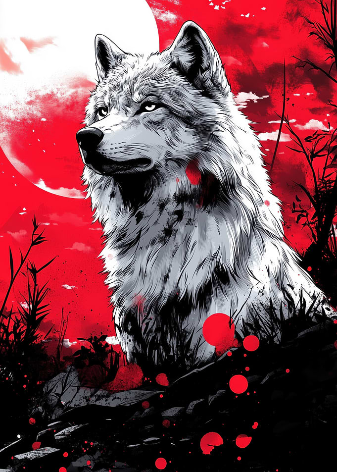 Wolf under a red moon