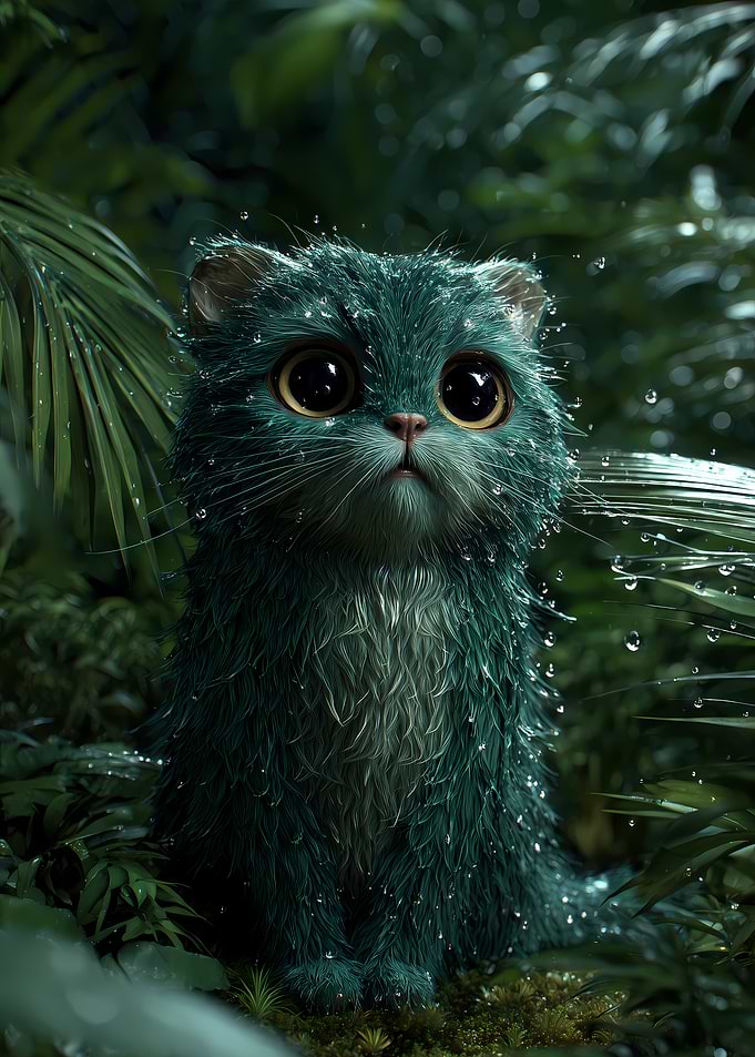 Cute Wet Green Cat in Forest