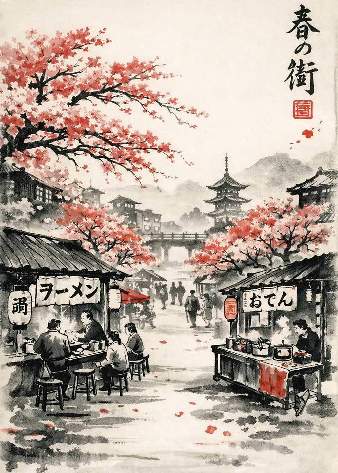 Japanese Street Scene with Cherry Blossoms
