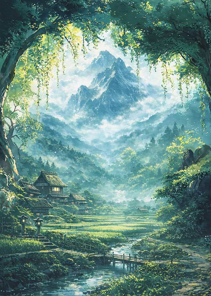 Misty Mountain Village Landscape