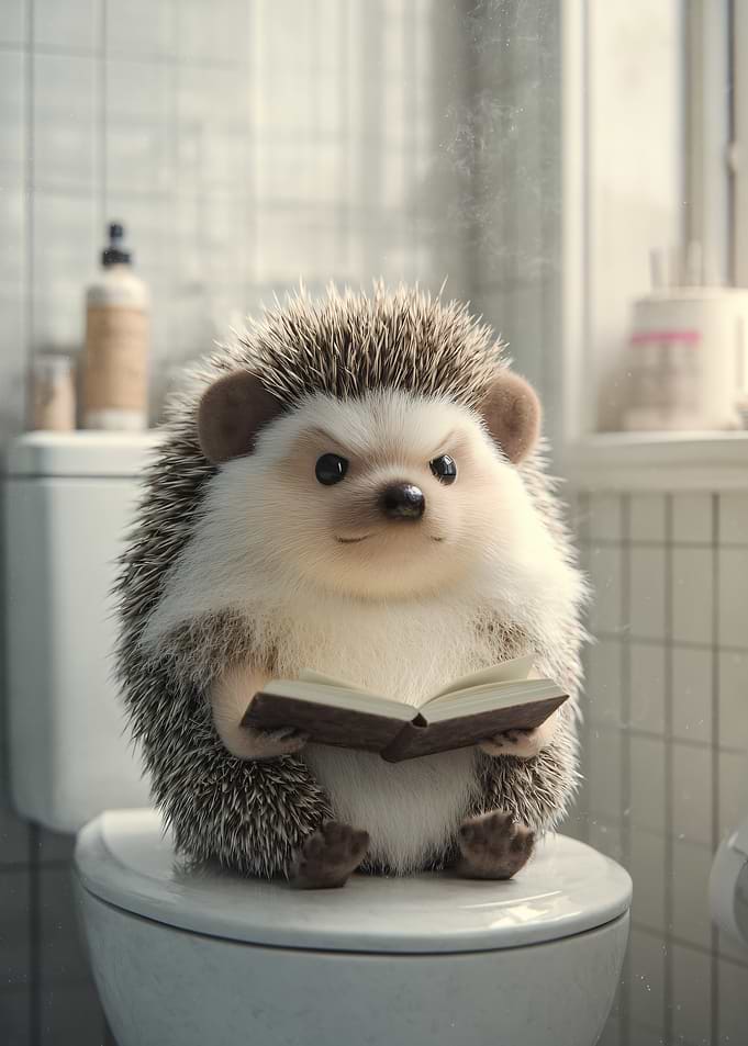 Hedgehog reading on a toilet