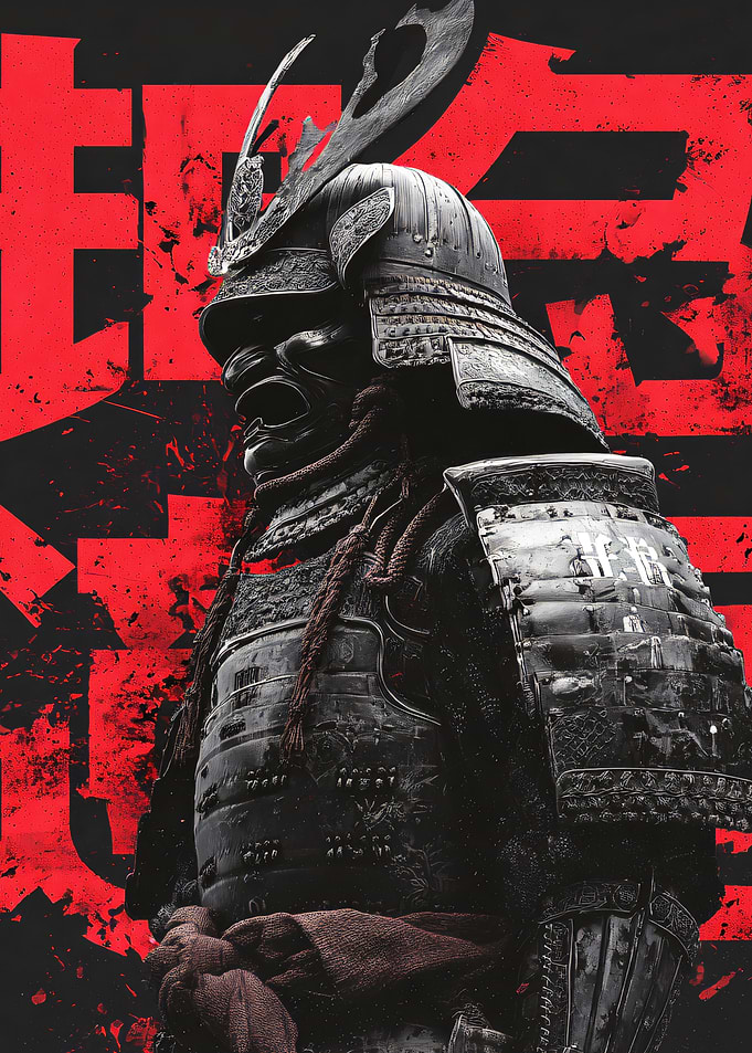 Samurai Warrior with Red Japanese Text