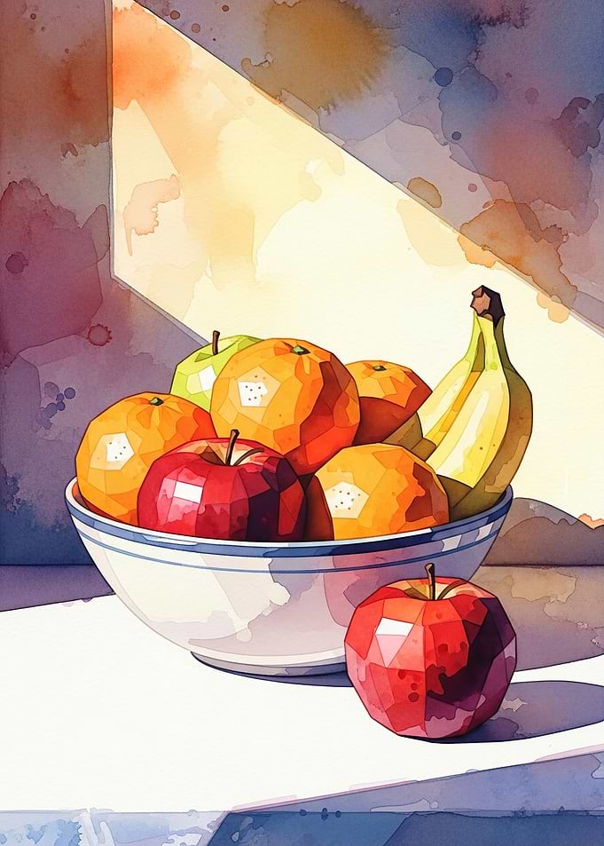 Watercolor Still Life of Fruit in a Bowl