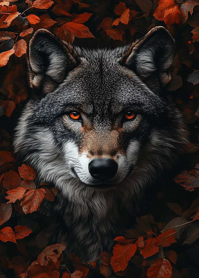 Wolf with Fiery Eyes in Autumn Leaves