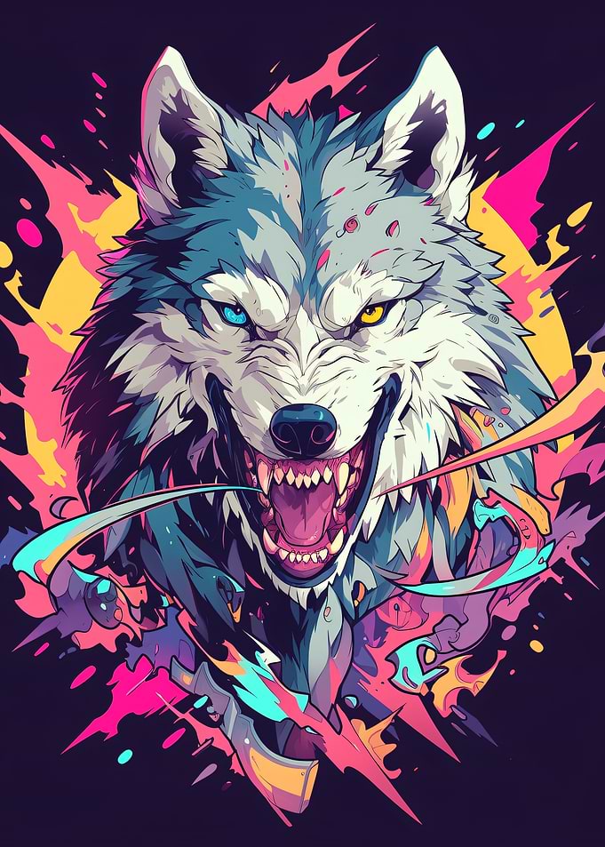 Aggressive Wolf with Colorful Splashes