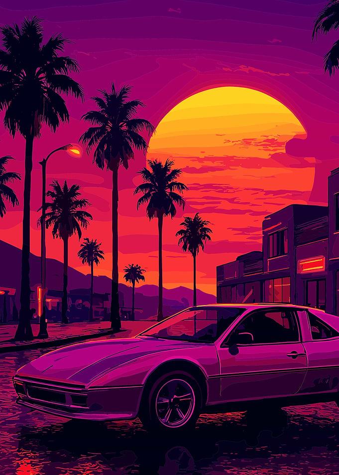 Retro Sunset Pink Car Cityscape