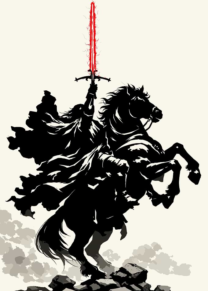 Warrior on Horseback with Fiery Sword