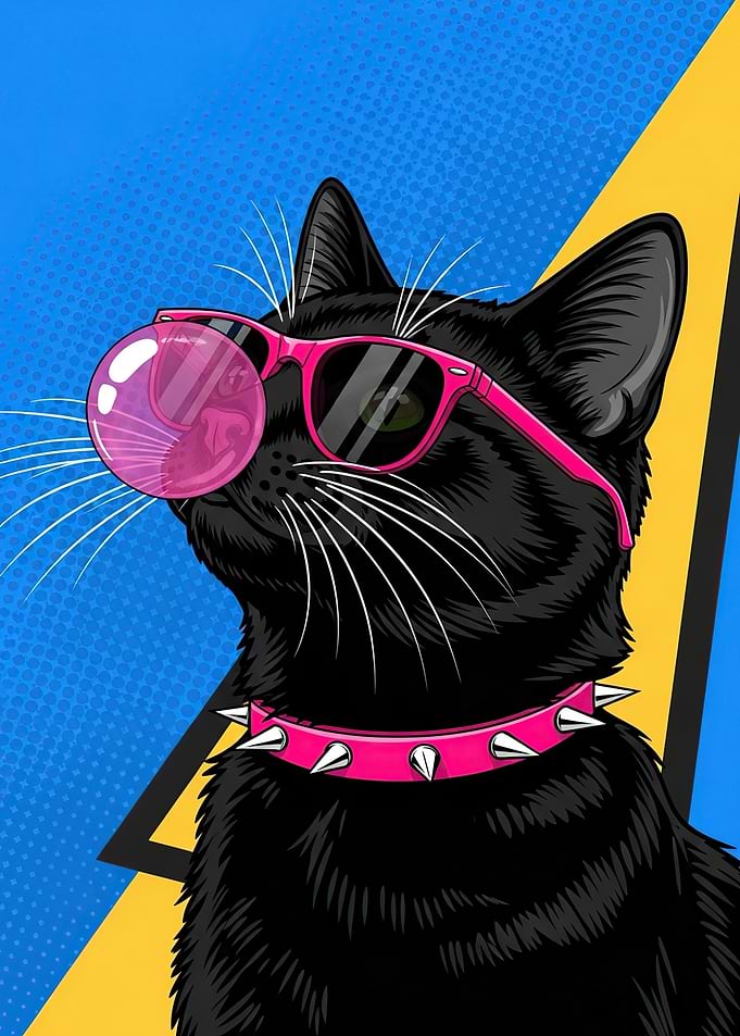 Black Cat with Pink Sunglasses and Bubble Gum