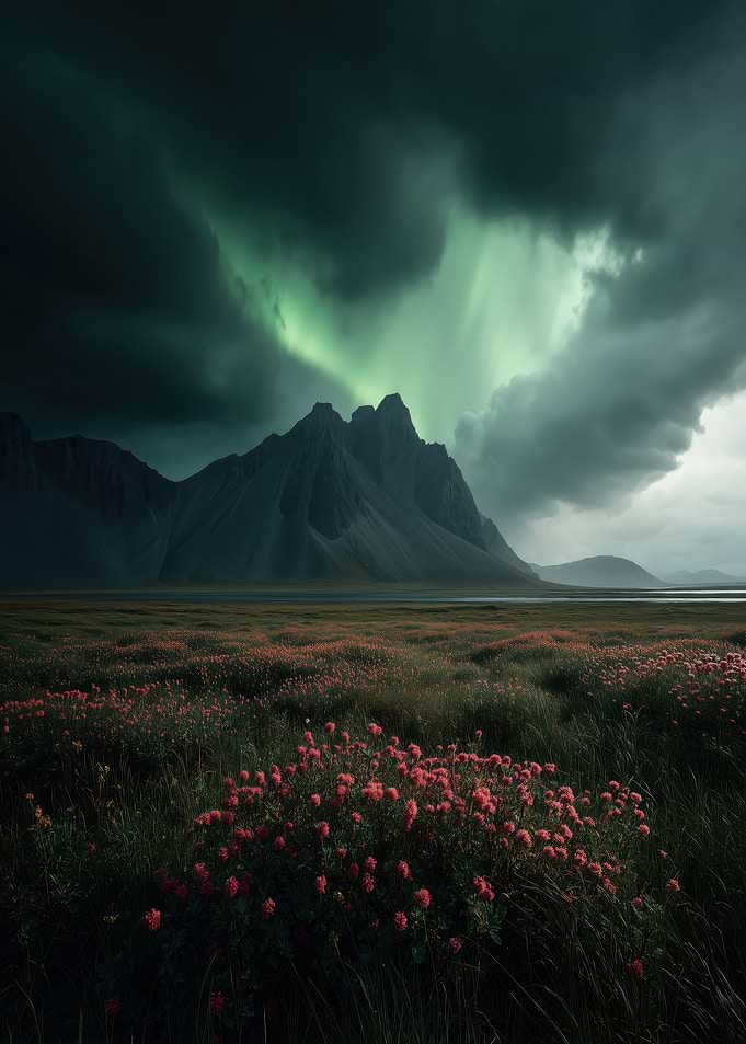 Aurora Borealis over Icelandic Mountains