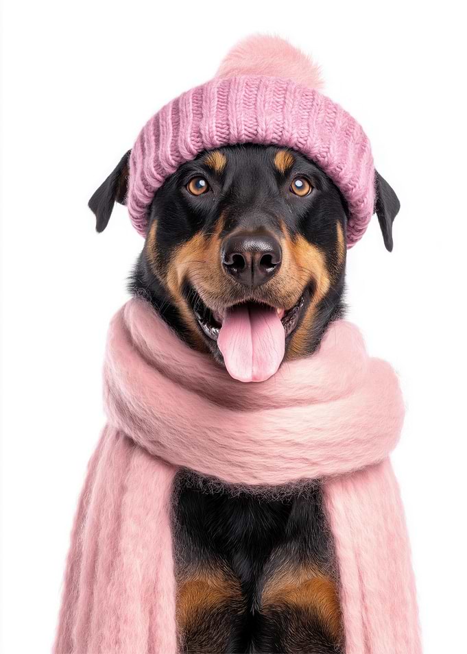 Cozy Beauceron Dog in Winter Hat and Scarf
