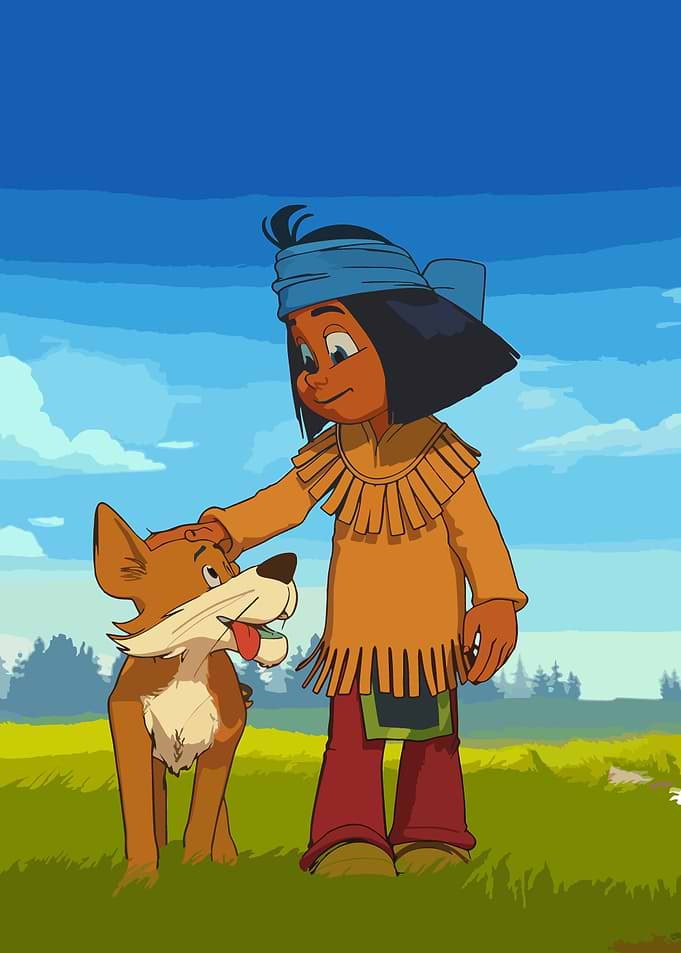 Native American Boy and Dog in Field