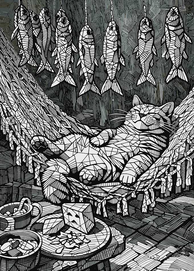Cat Relaxing in Hammock with Fish
