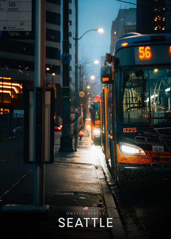 Seattle Bus on a Rainy Street