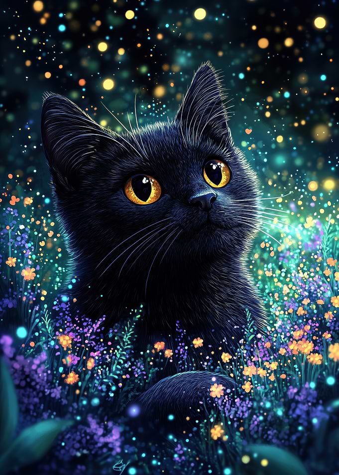 Black Cat in a Magical Garden
