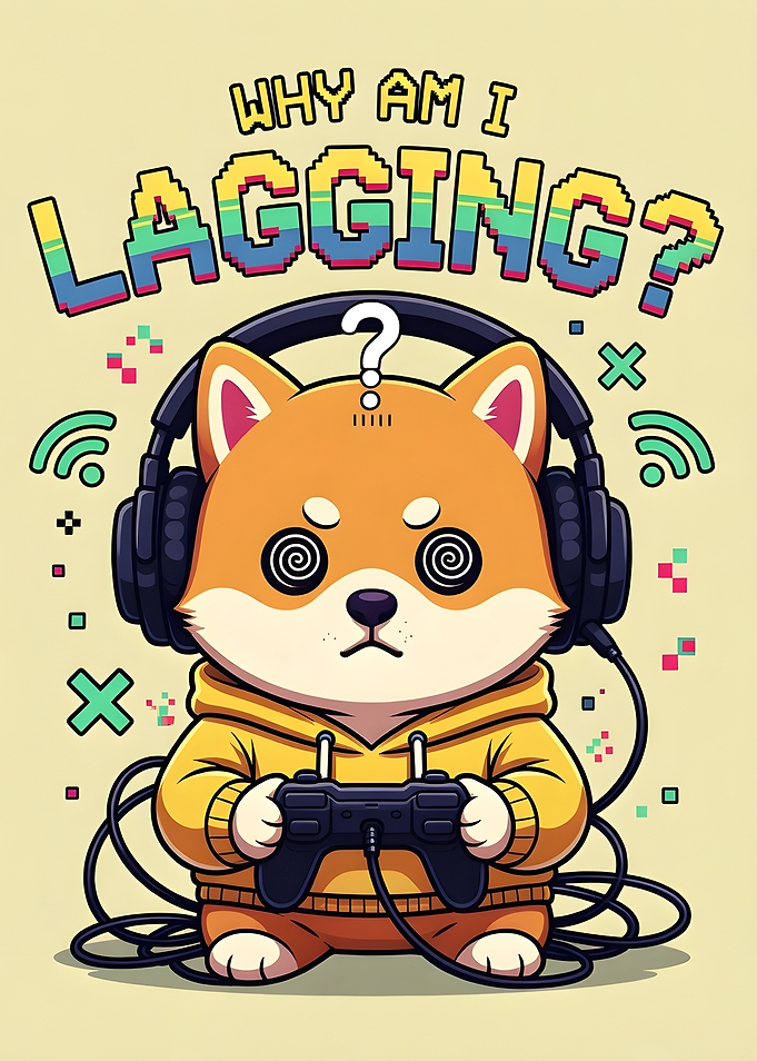 Shiba Inu Gamer with 'Why Am I Lagging?'