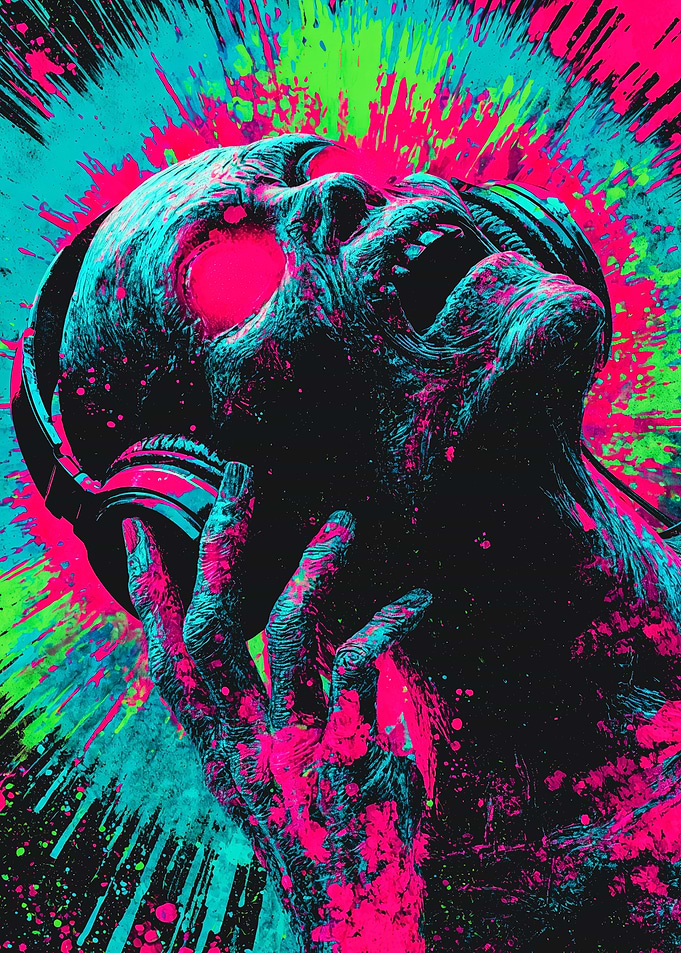 Screaming Neon Zombie Wearing Headphones