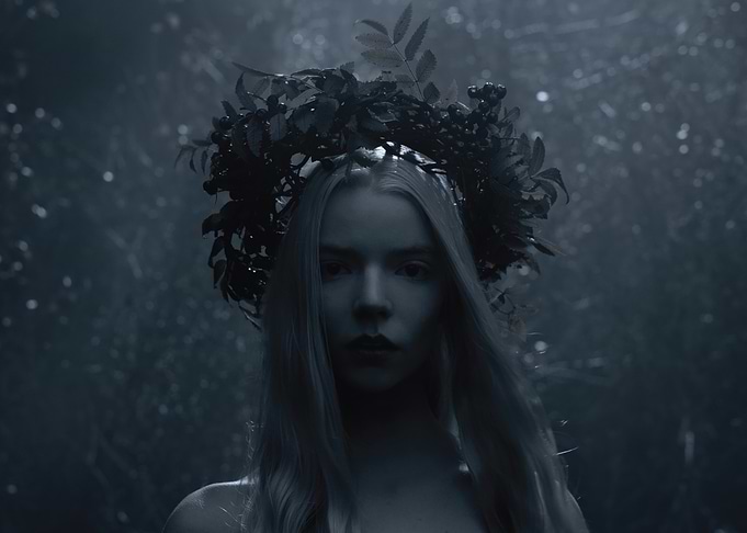 anya taylor joy with Floral Headdress in Forest