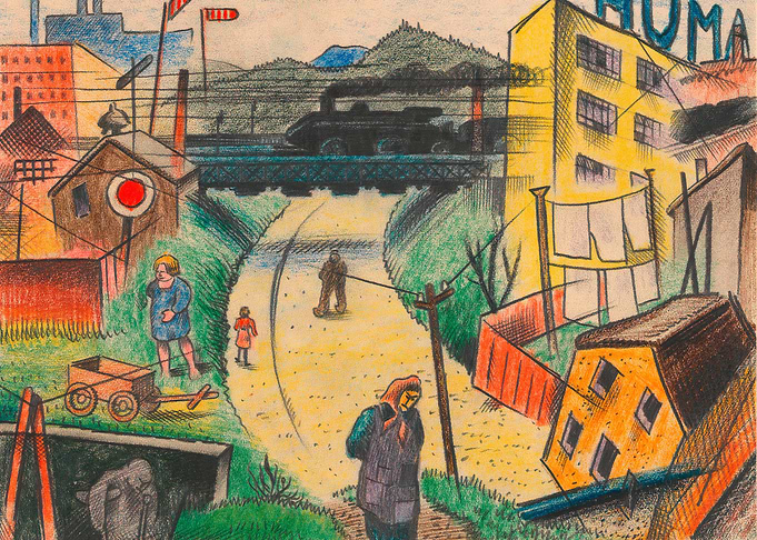 Industrial Cityscape with Train and Figures