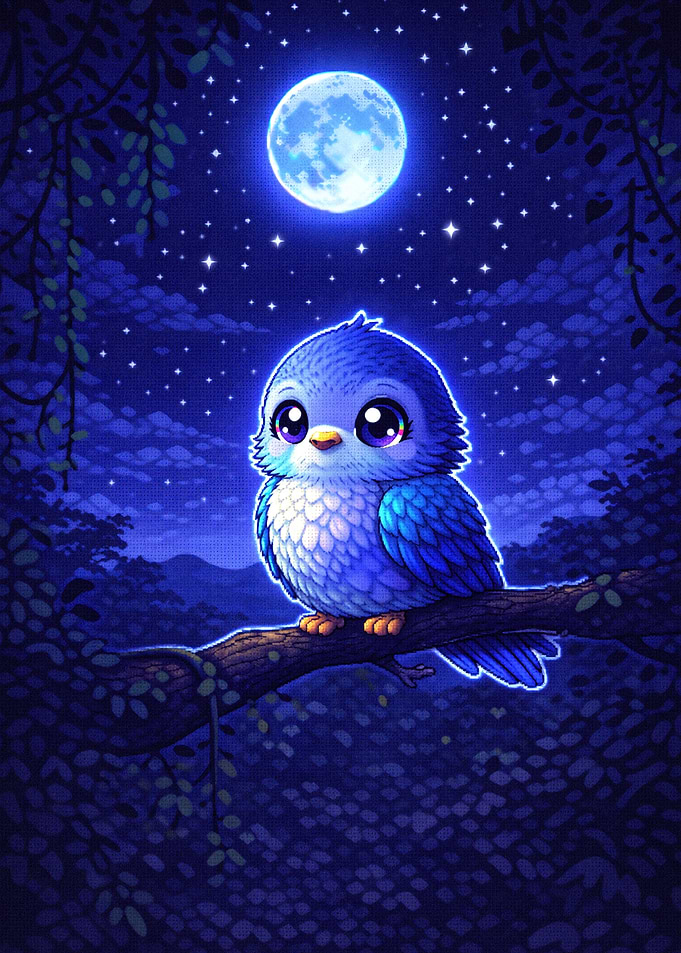 Cute Blue Bird Under the Moon Pixel