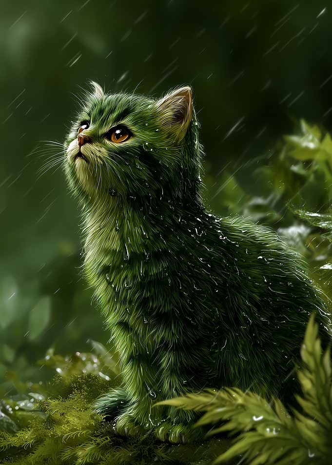 Green kitten in the rain