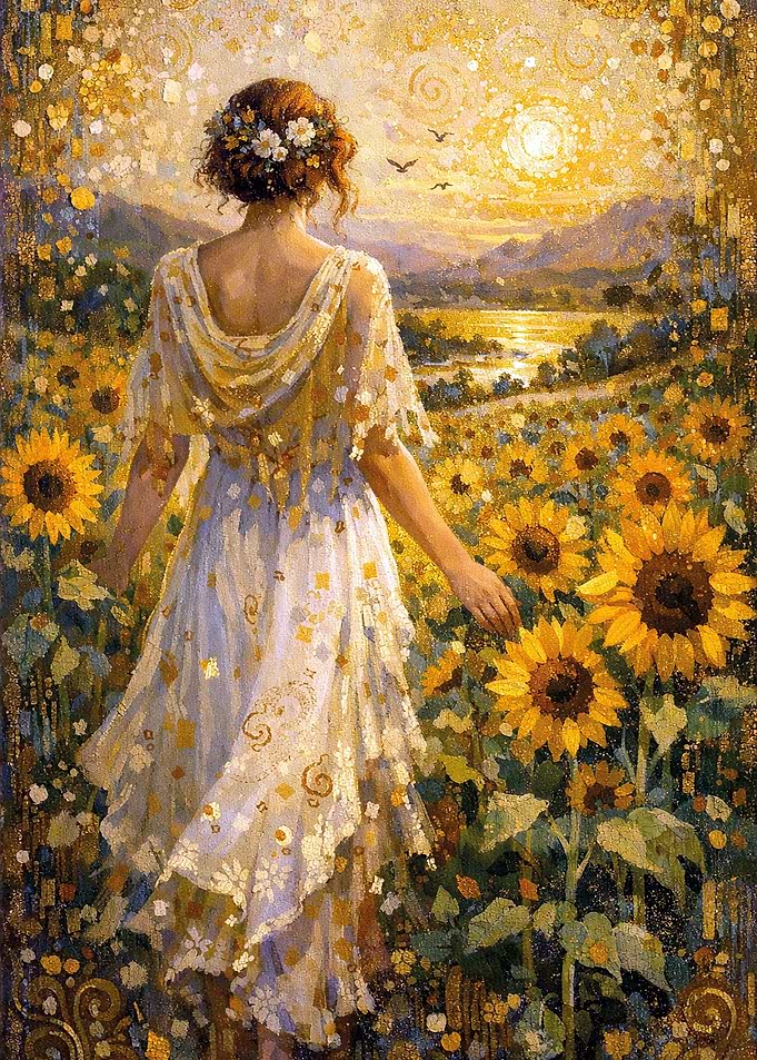 Woman in Sunflower Field at Sunset