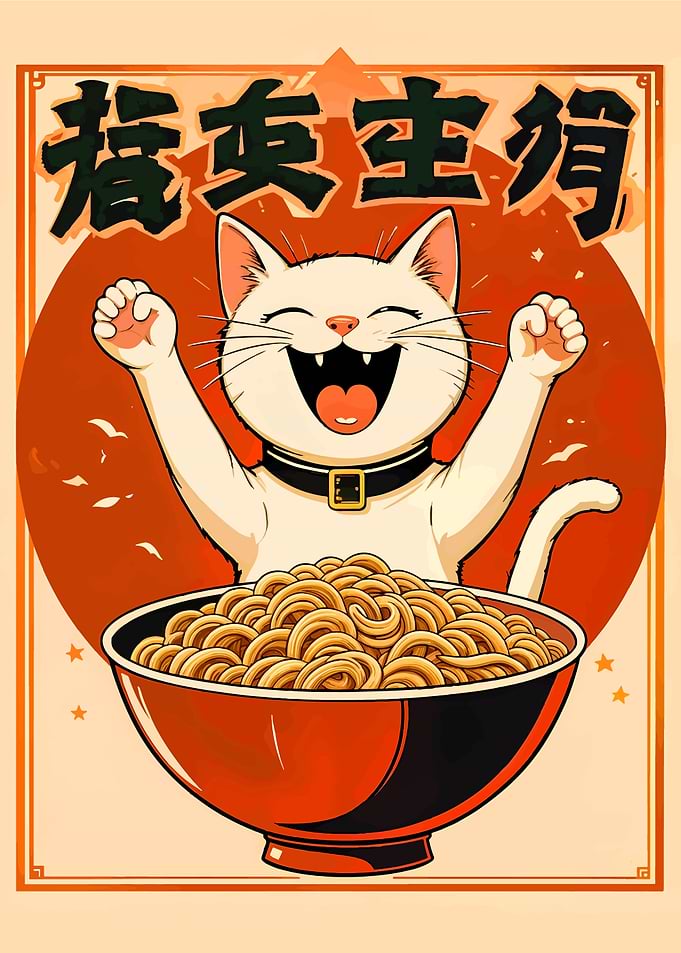 Happy Cat with Noodles
