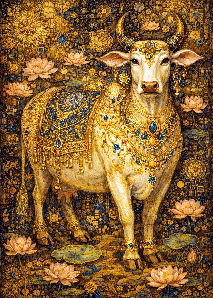 Ornate Holy Cow with Lotus Flowers