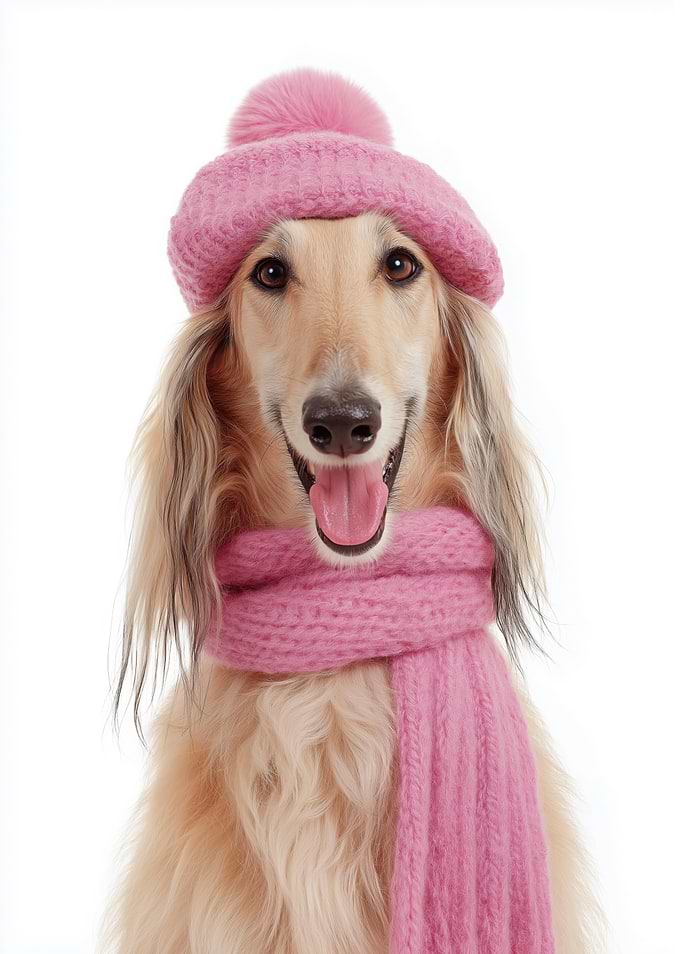 Cozy Afghan Hound in Pink Winter Hat and Scarf