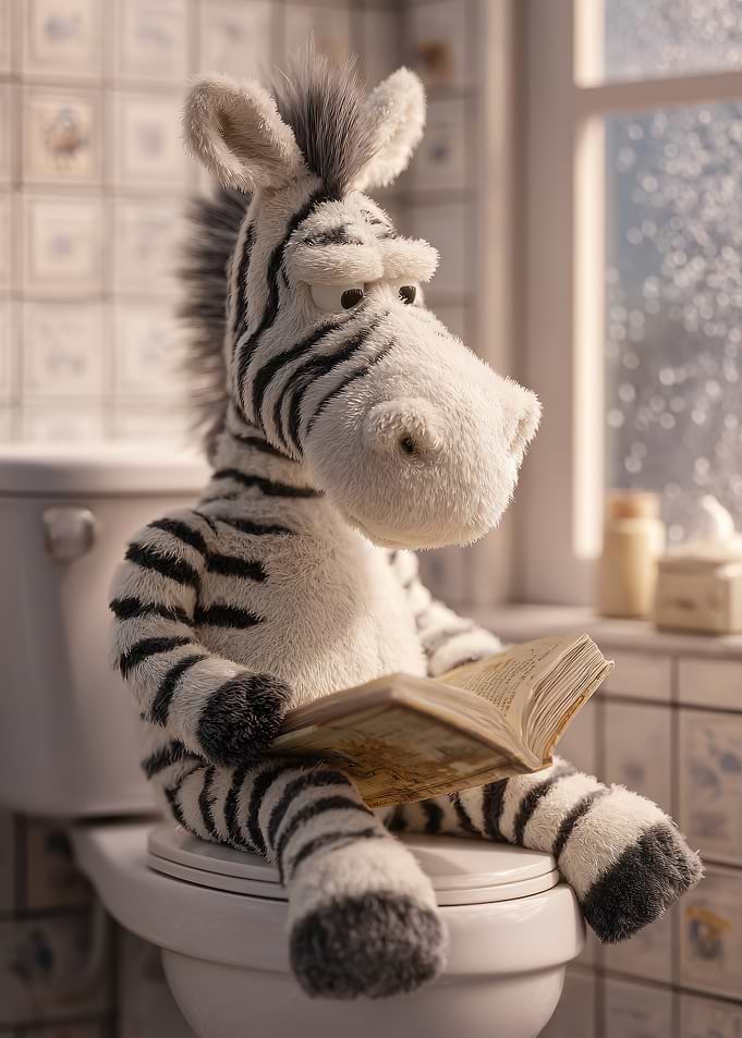 Plush Zebra Reading on Toilet