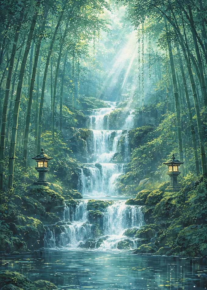 Enchanting Bamboo Forest Waterfall