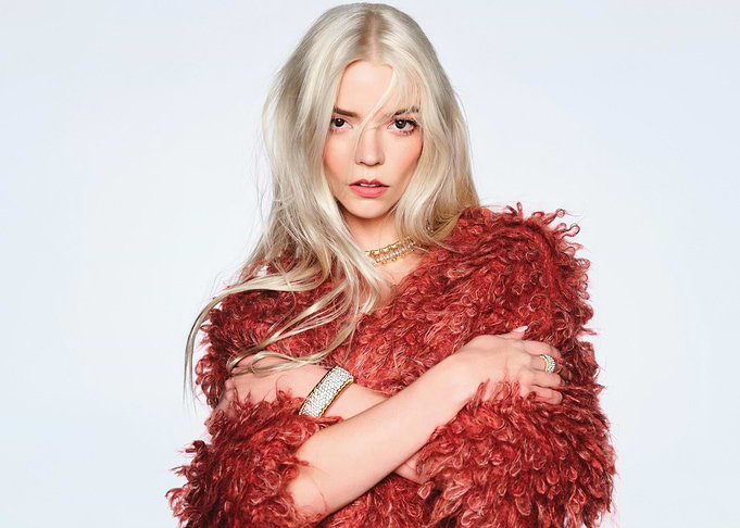 Anya Taylor-Joy in a fluffy red coat