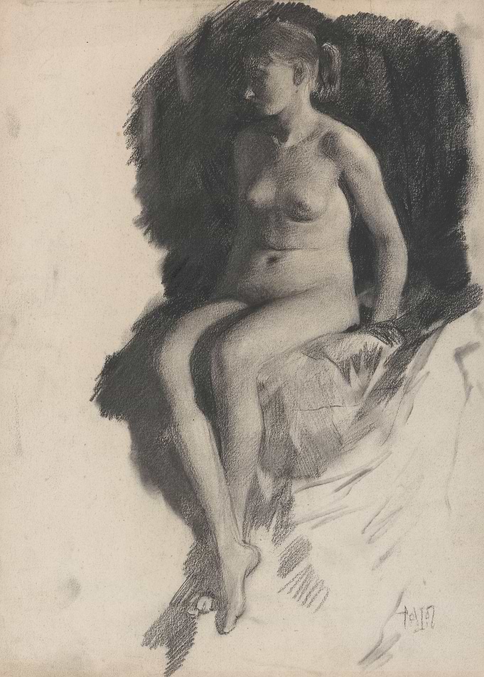 Charcoal sketch of a seated nude woman