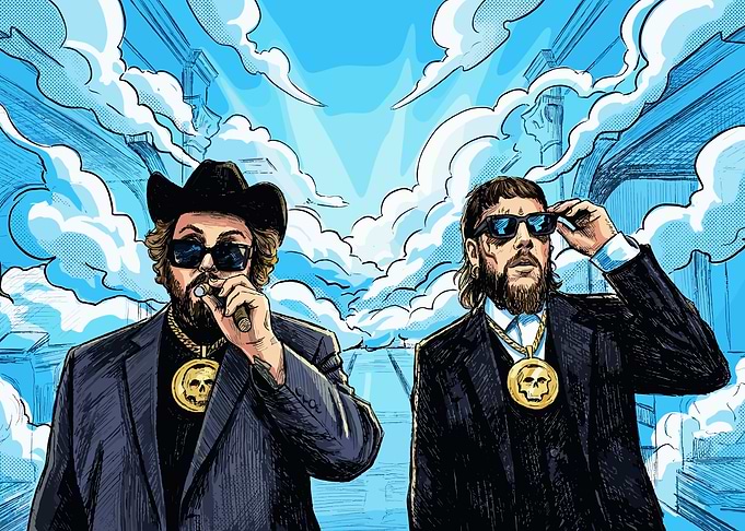 Two men in suits with skull necklaces