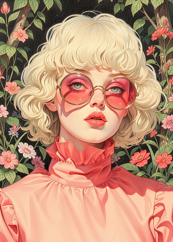 Woman with blonde curly hair and pink glasses