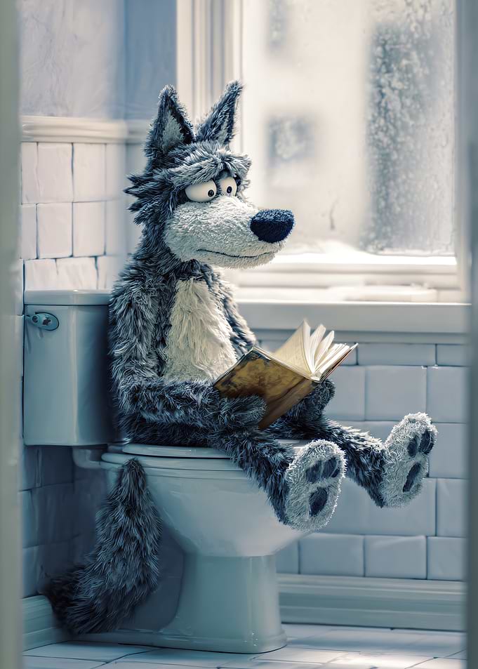 Wolf reading on a toilet