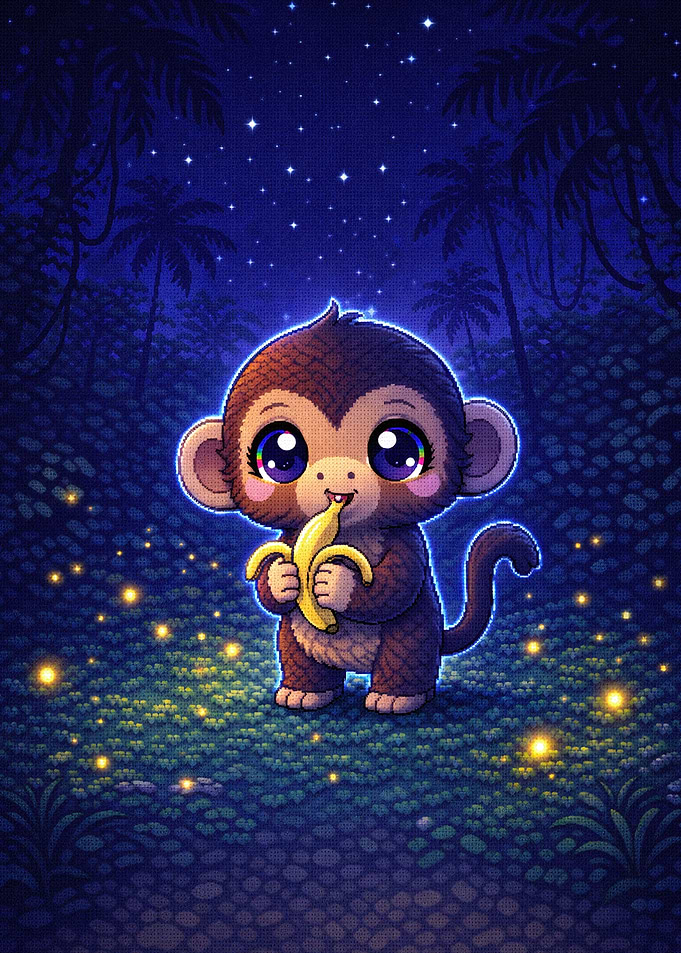 Cute Monkey Eating Banana Under Stars