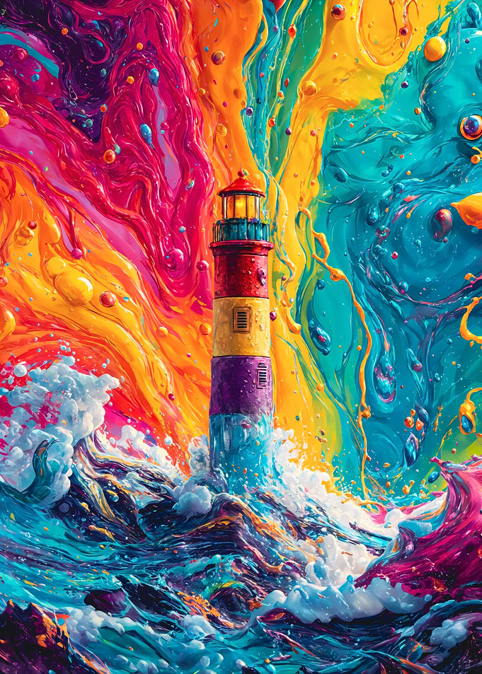 Vibrant Psychedelic Lighthouse Ocean Waves