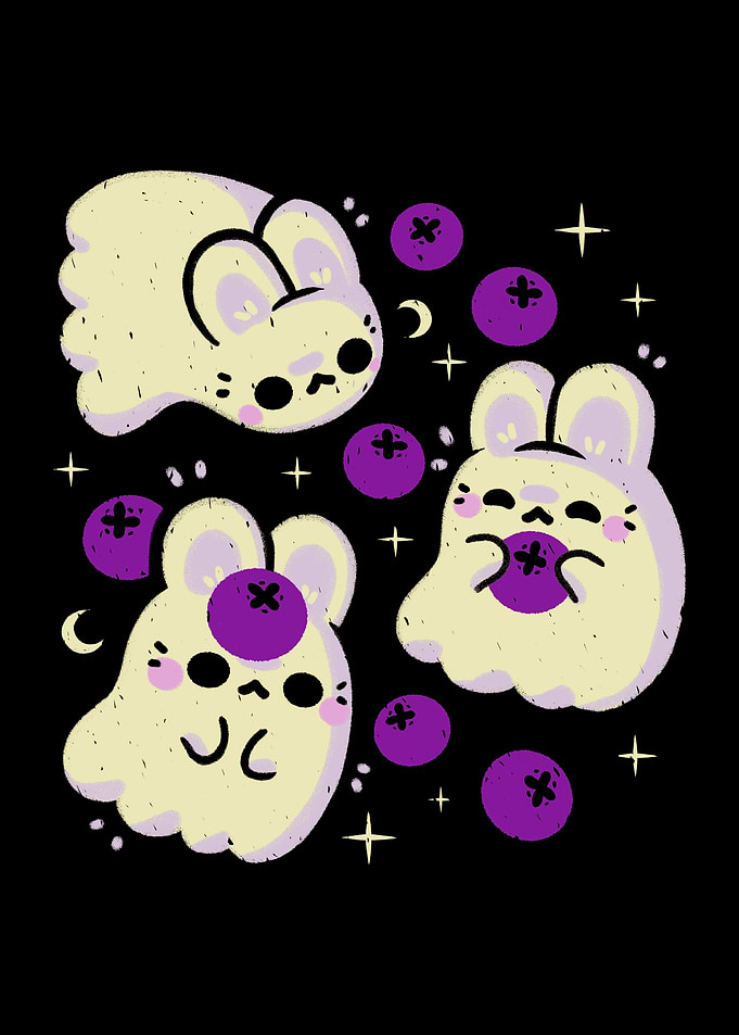 Cute Bunny Ghosts and Blueberries