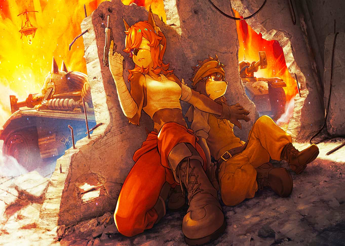 Anthropomorphic characters in a war-torn scene