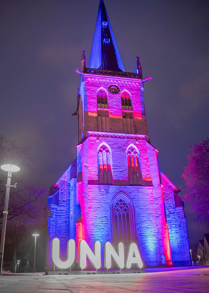 Unna Church Illuminated at Night