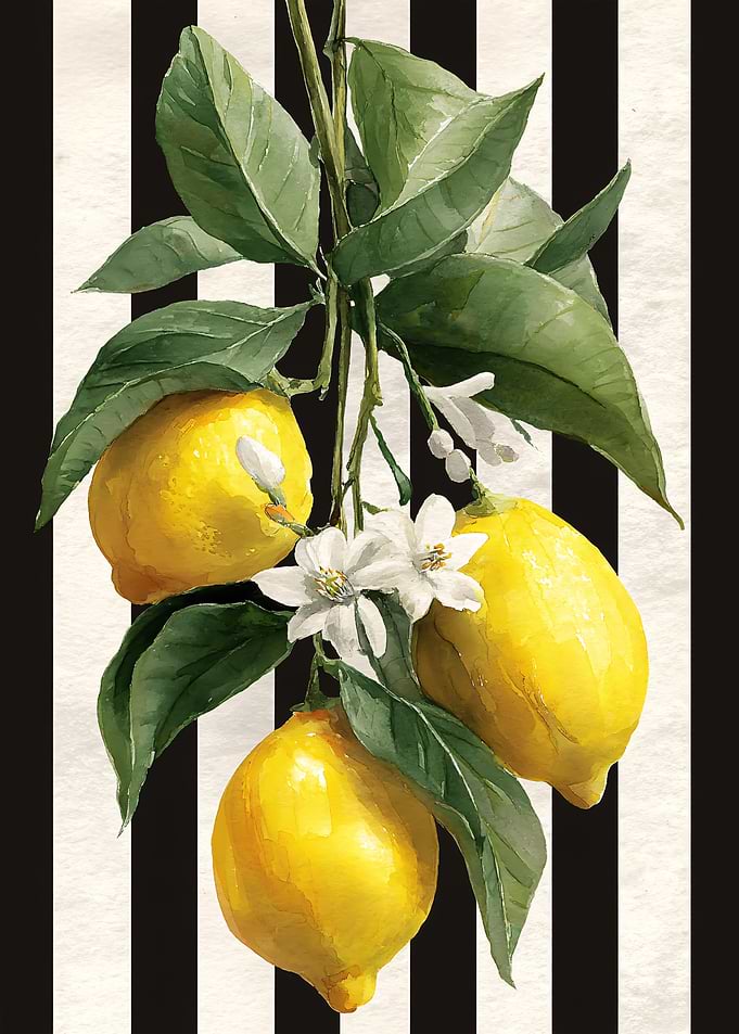 Lemons and Flowers Painting on Striped Background